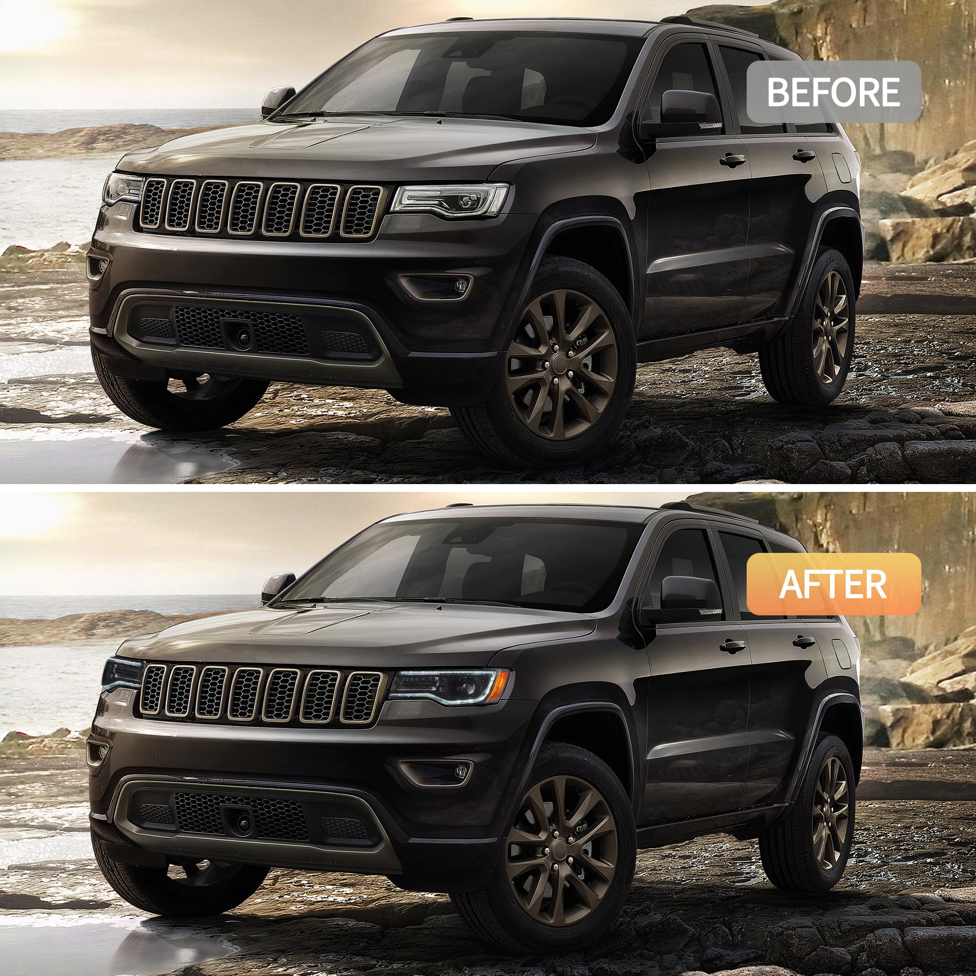 VLAND Full LED Headlights compatible with Grand Cherokee WK2 2014-2021,w/Startup dynamic display & Sequential Indicator, For Right hand drive - Black Housing