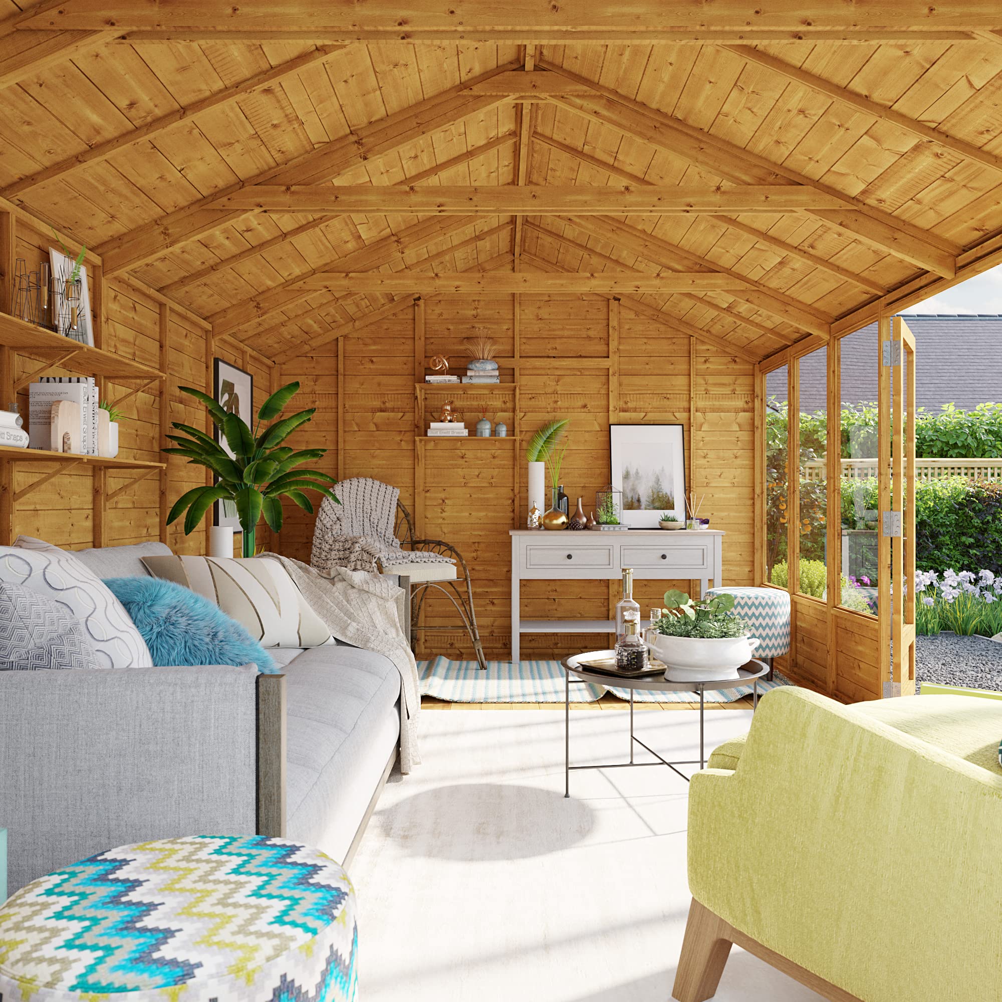 BillyOh Petra 12x10 Reverse Apex Summer House Shed, Log Cabin | Wooden Garden Room with Wide Double Doors, Tear Resistant Felt, Tongue and Groove Construction | Versatile Tiny Home or Garden Office