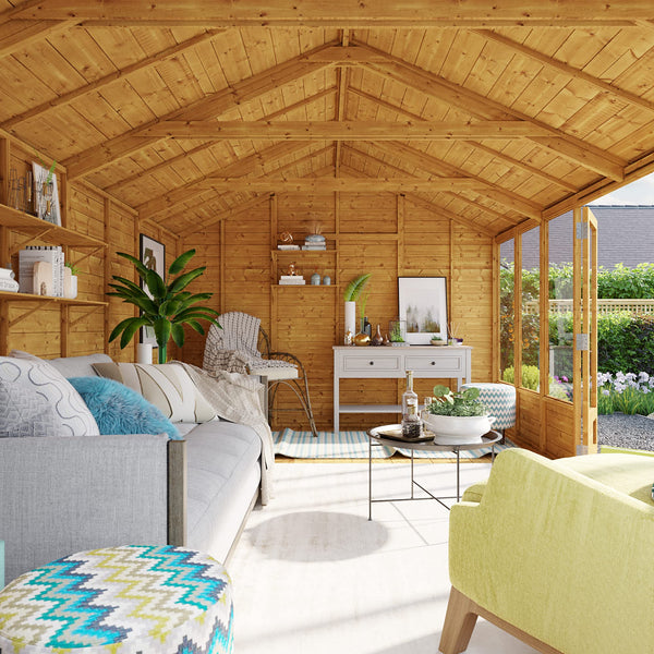 BillyOh Petra 12x10 Reverse Apex Summer House Shed, Log Cabin | Wooden Garden Room with Wide Double Doors, Tear Resistant Felt, Tongue and Groove Construction | Versatile Tiny Home or Garden Office