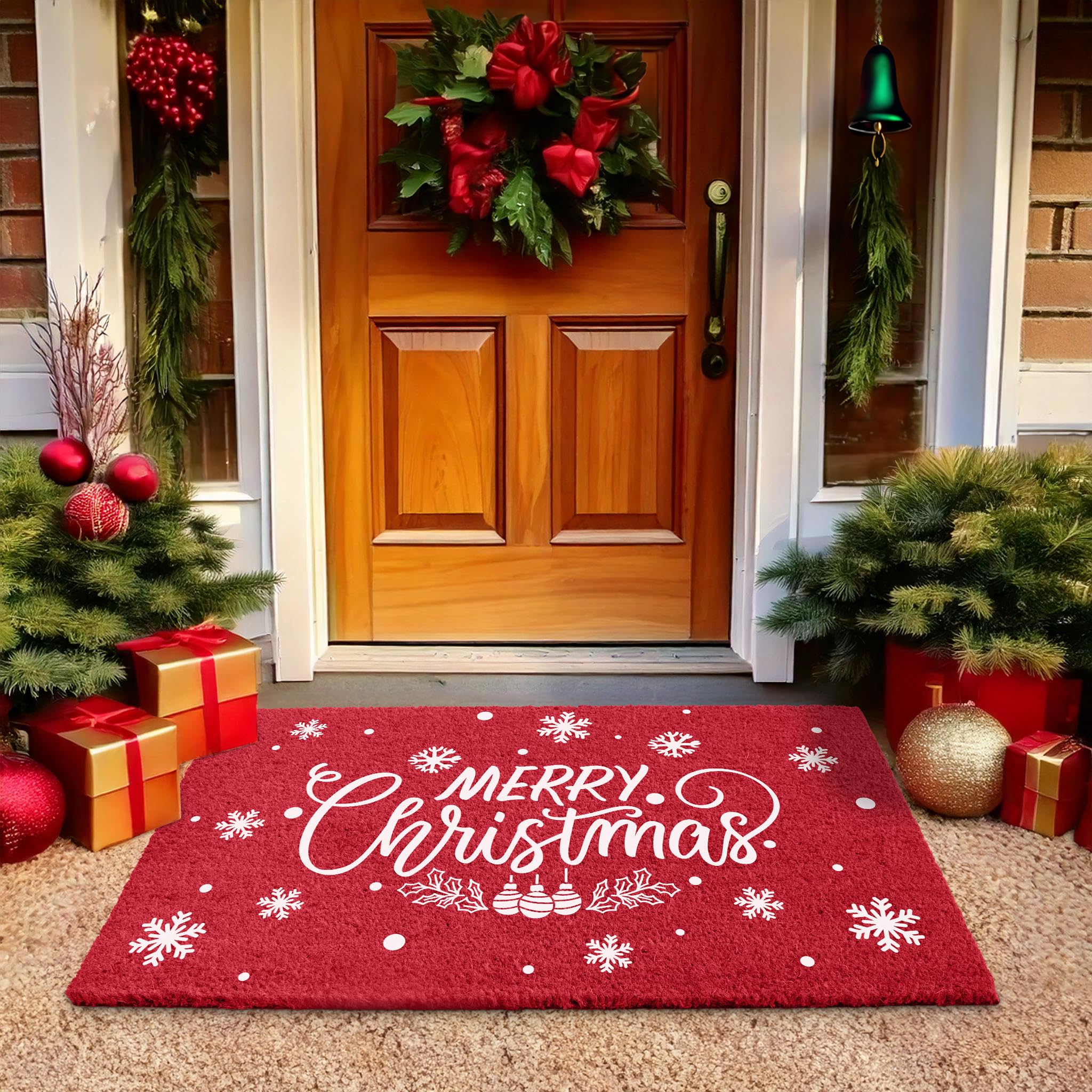 LuxUrux Premium Christmas Door Mat Outdoor - Elegant Coir Holiday Door Mat, Absorbent and Non-Slip for Outdoor Entrances Front Door- Merry Christmas.