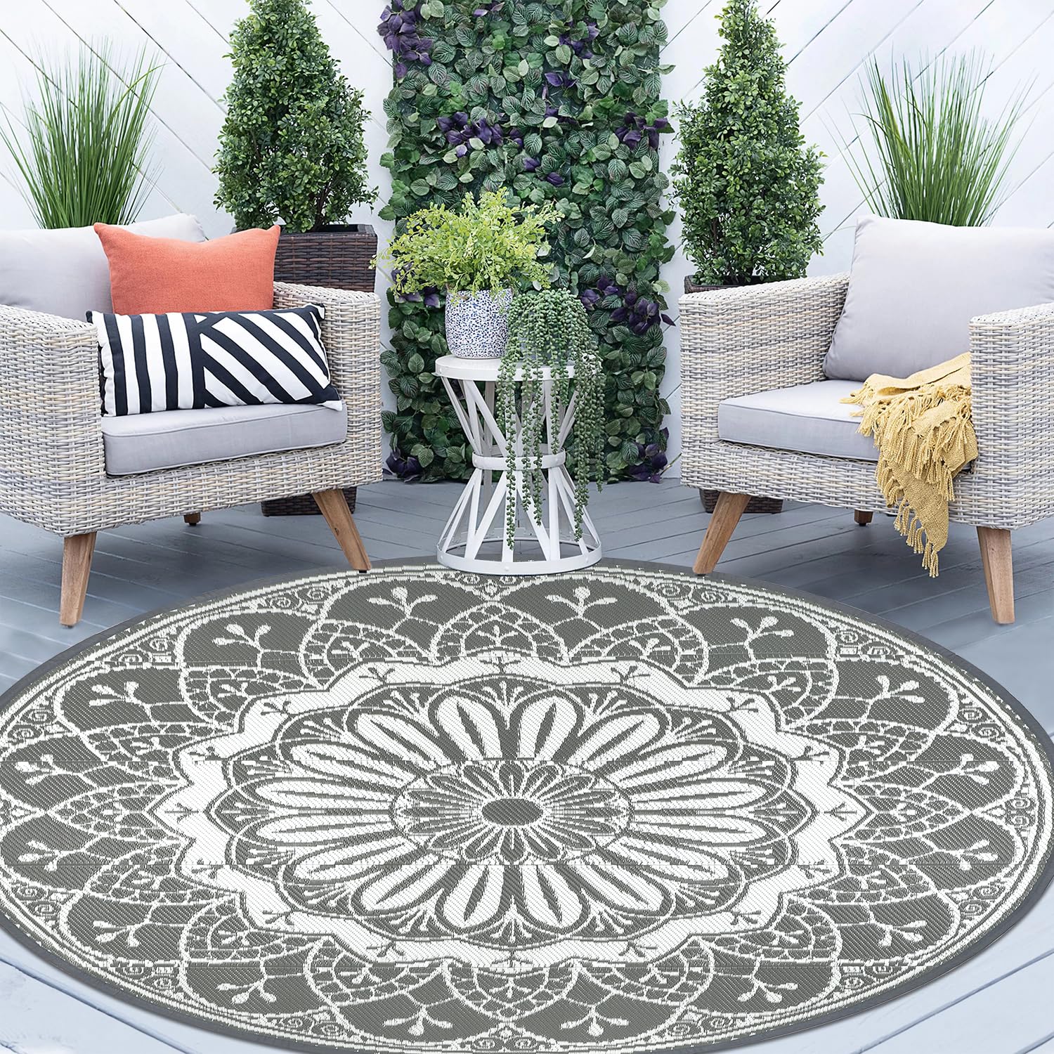 Cekene Round Outdoor Rugs for Patios Waterproof 240cm Reversible Camping Mat and Rug Plastic Outdoor Rugs for Garden Large Floor Area Rug for Outdoors Garden RV Trailer Backyard Deck Picnic Grey