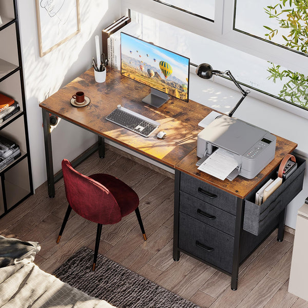 Coleshome Computer Desk with Drawers, 120×48cm Office Desk with Storage, Reversible Small White Desks for Home Office