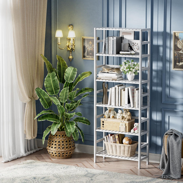 HITNET White Bookshelf, 6-Tier Adjustable Tall Bookcase, Bamboo Book Shelf Organizer, Free Standing Storage Shelving Unit, Display Flower Plant Stand