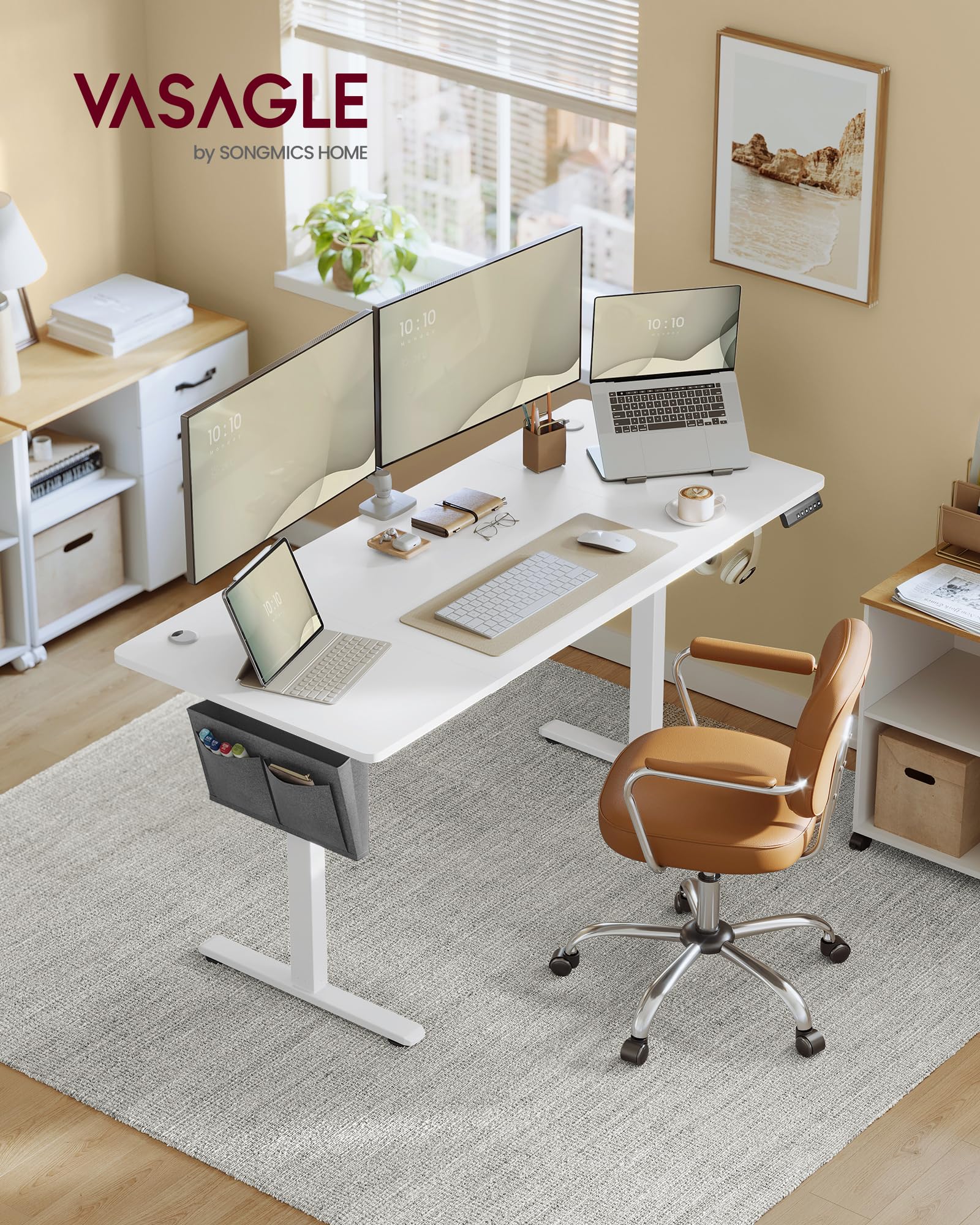 VASAGLE Electric Standing Desk, Height Adjustable Desk, 60 x 140 x (72-120) cm, 4 Memory Heights, Storage Pocket, for Home Office, Study, Rustic Brown and Ink Black LSD134K02