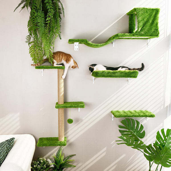 FUKUMARU Cat Wall Shelves, Stable & Safe 4 in 1 Large Cat Wall Furniture Set, Wooden Cat Climbing Wall with Scratching Post, Cat Bridge and Cat Bed,