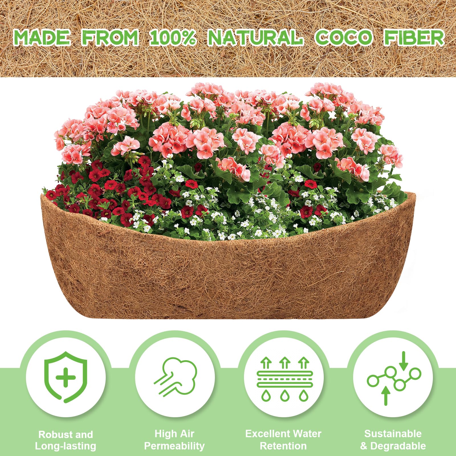 Riare 4Pcs Trough Coco Coir Liners 30Inch Coconut Coir Hanging Basket Liner for Planters Natural Coco Fiber Window Box Liners for Wall Planter, Window
