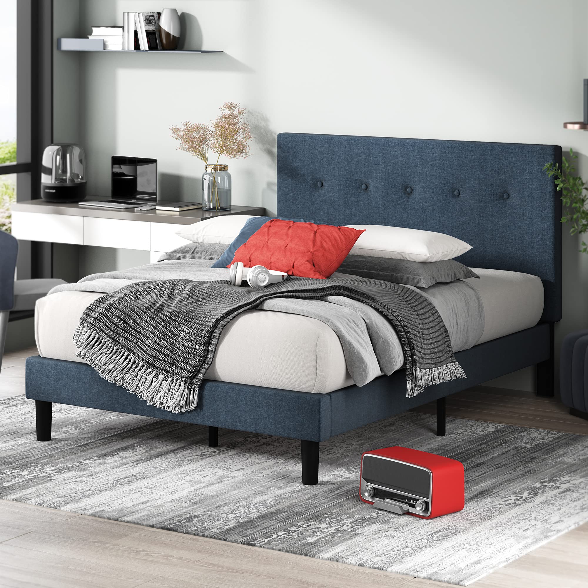 Zinus Omkaram Single Bed frame - Bed 90x190 cm - 36 cm Height - Upholstered Platform Bed frame with Wood slat support - Navy Blue