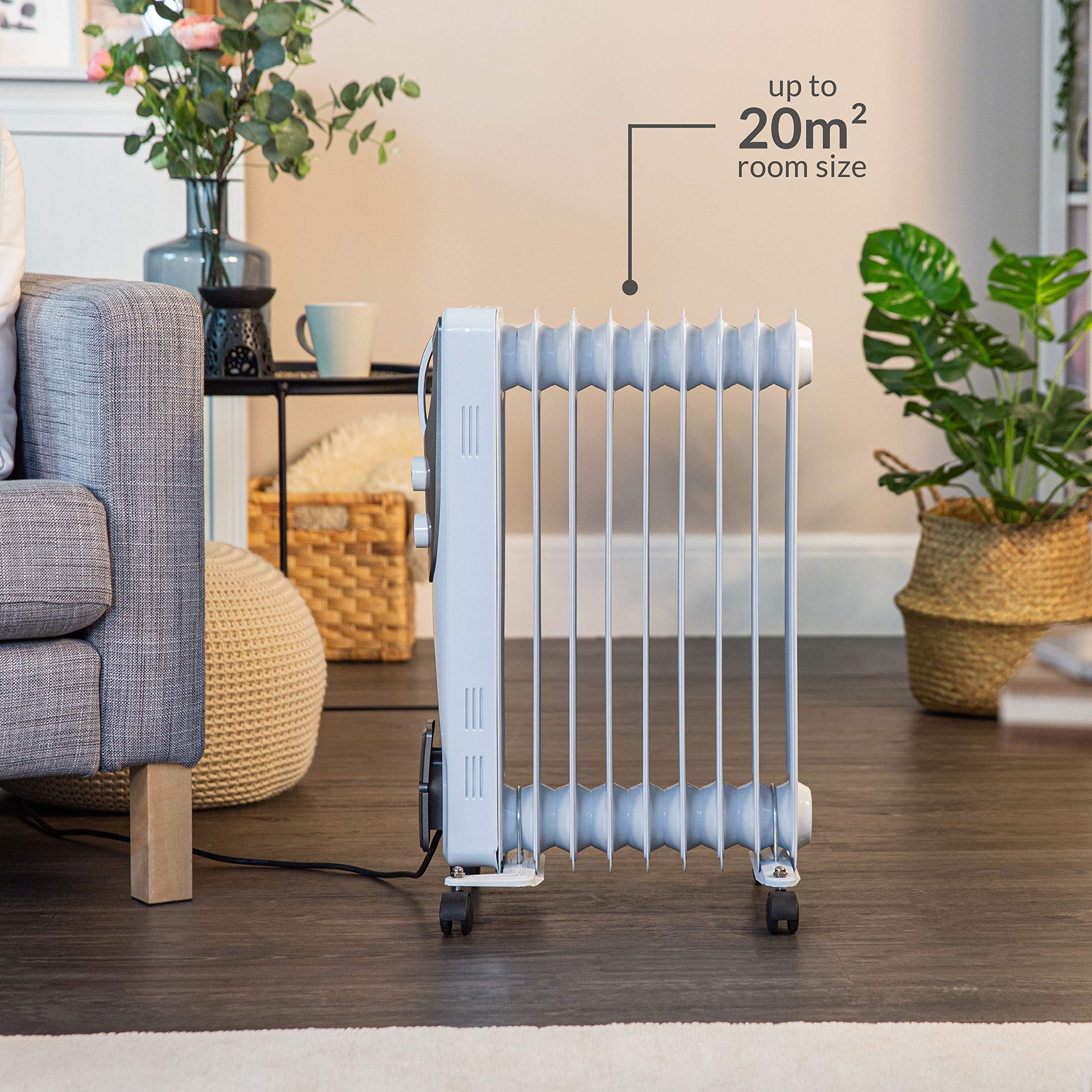 Russell Hobbs 1500W/1.5KW Oil Filled Radiator, 7 Fin Portable Electric Heater - White, Adjustable Thermostat with 3 Heat Settings, Safety Cut-off, 15 m sq Room Size, RHOFR5001, 2 Year Guarantee