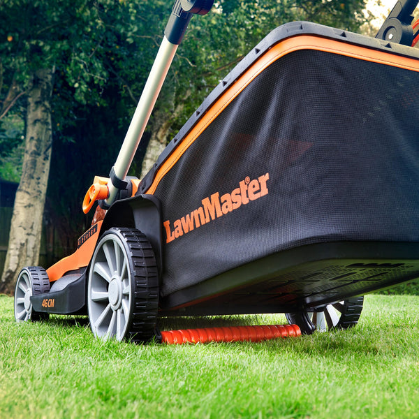 LawnMaster 48V 46cm Cordless Lawnmower with a Set of 2 MX 24V 4.0Ah Batteries, 2x Fast Chargers, Rear Roller, Grass Side Eject and Mulching Function. Battery Lawnmower for Larger Lawns.