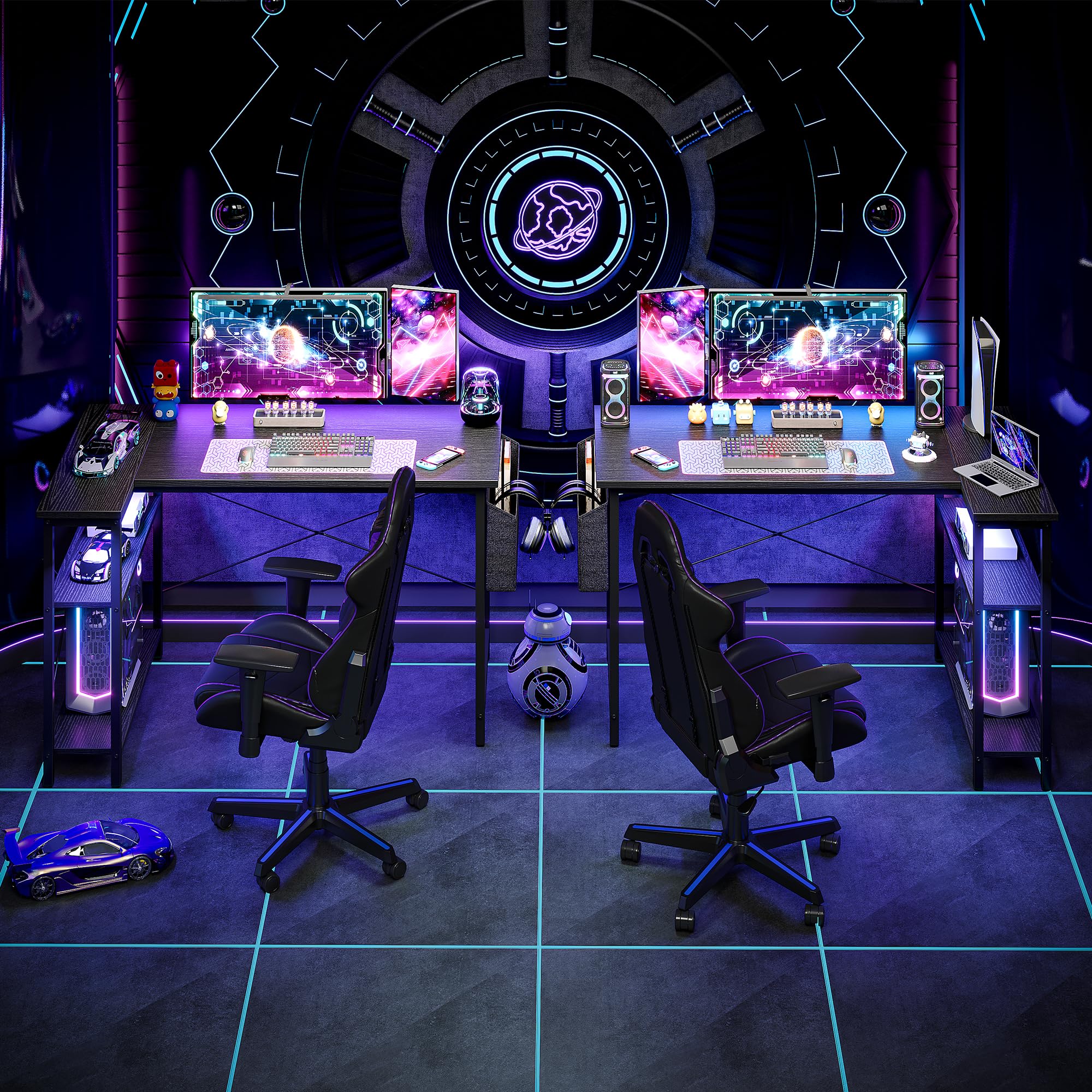 BEXEVUE L Shaped Gaming Desk, 100x70 cm Computer Desk with Storage Bag, Office Desk Small Writing Table with Large Reversible Storage Shelves, Workstation for Study Play Work Home Office, Black