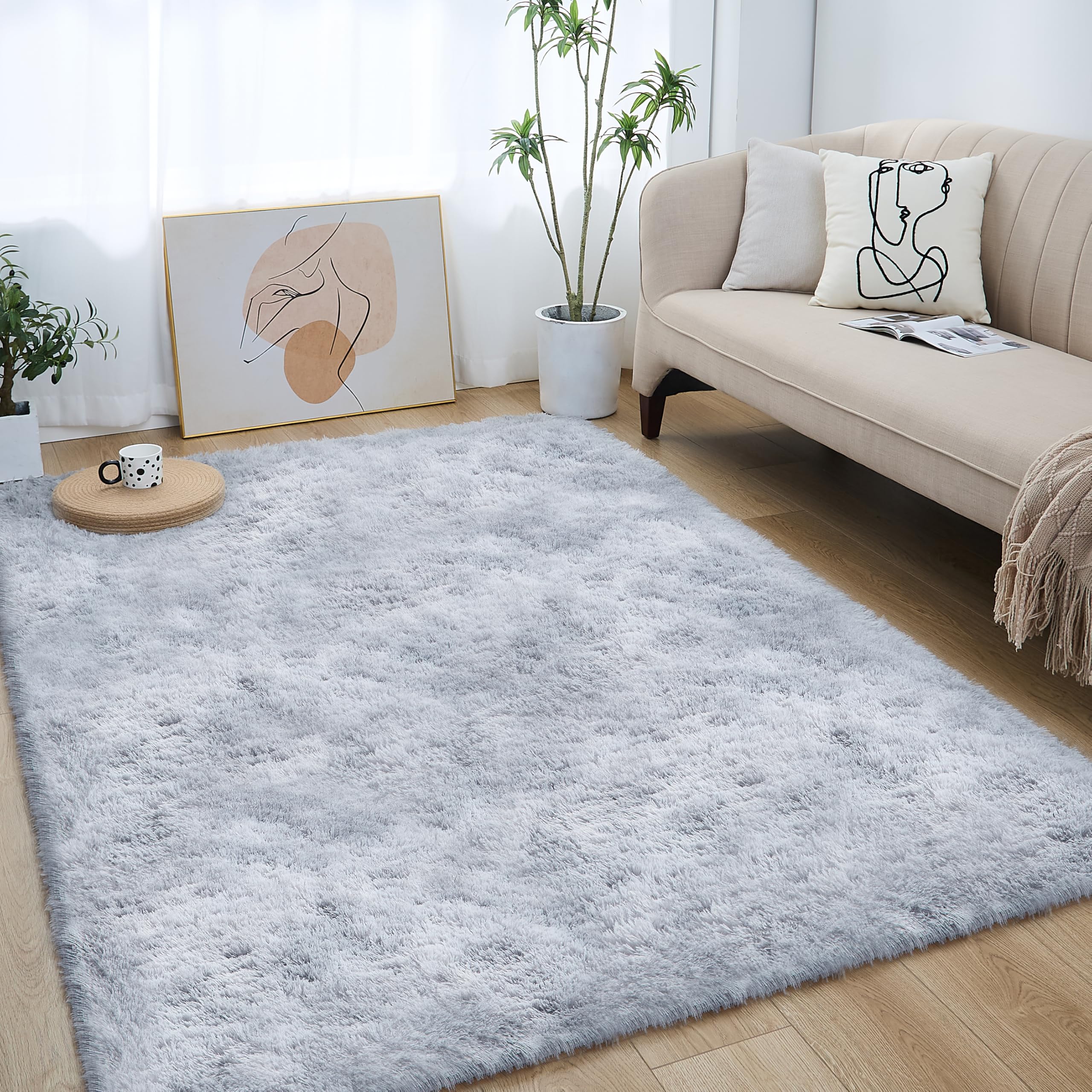 Lommegy Area Rugs Living Room - Fluffy Grey Area Rugs 160 x 230 cm for Bedroom Anti Slip Playing Mat Modern Fluffy Shaggy Runner Rug for Bedroom