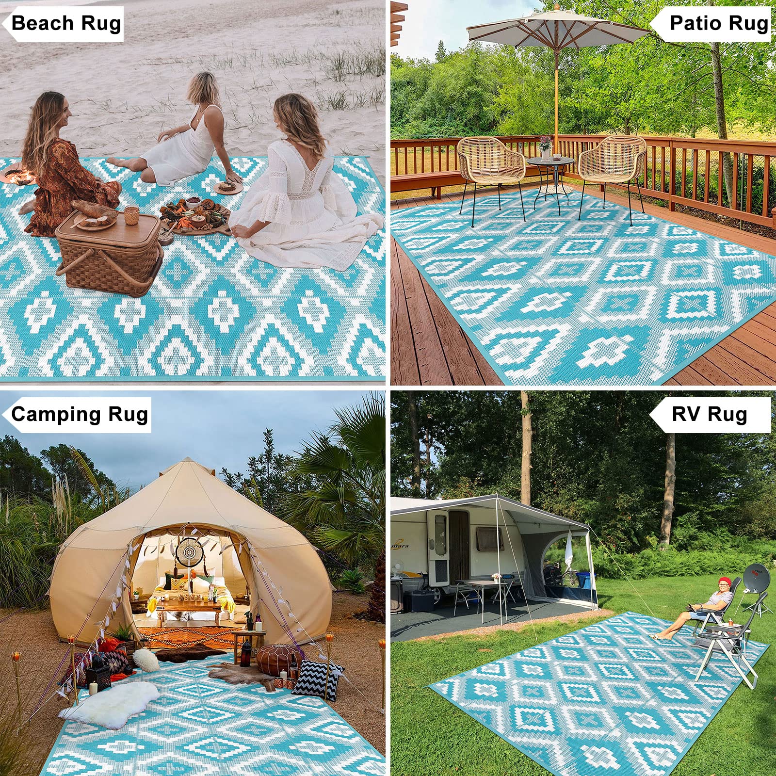 Enyhom Outdoor Indoor Picnic Area Rug, 150 x 240 cm Large Outside Woven Floor Carpet Mat, Durable Foldable Plastic Straw Rug, Recycled UV Resistant
