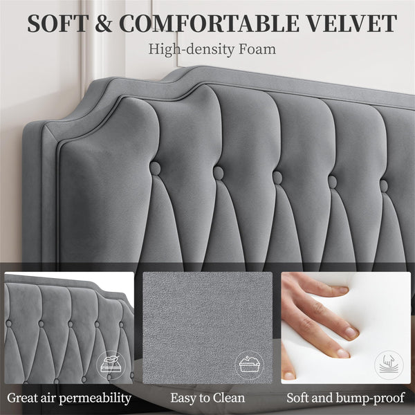 Yaheetech 5ft King Bed Frame Upholstered Platform Bed with Adjustable Button Tufted Headboard/Velvet Fabric/Sturdy Wooden Slat Support/No Box Spring Needed, Dark Grey King Bed