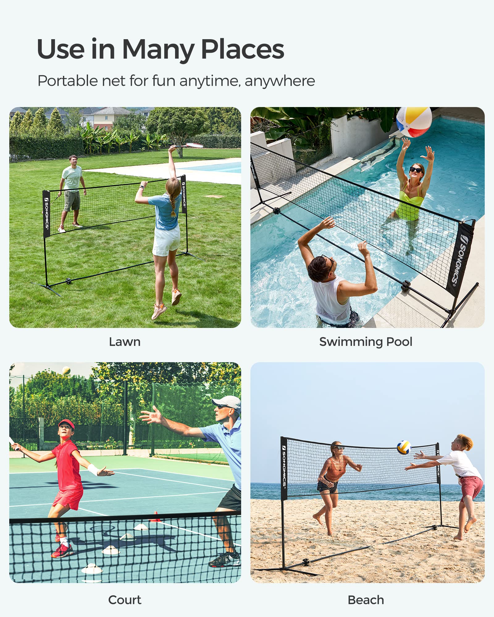 SONGMICS 3 m Badminton Net, Volleyball Net, Adjustable Poles Height, Portable Set for Tennis