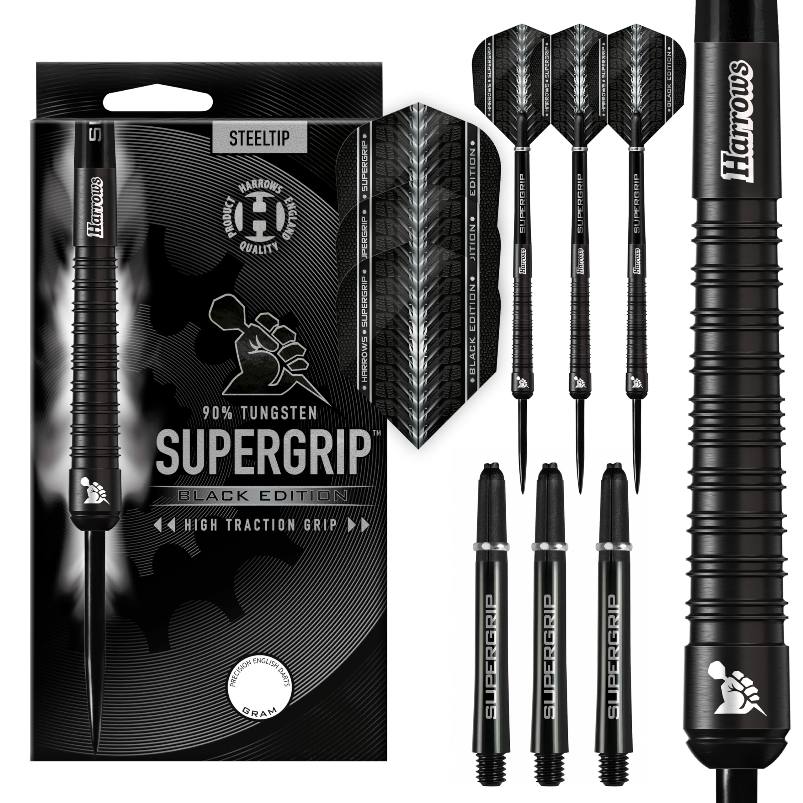 Harrows SUPERGRIP BLACK EDITION 90% Tungsten Steel Tip Darts Set. Available in 21g, 22g, 23g, 24g, 25g, 26g, 28g & 30g - Includes Supergrip Shafts &