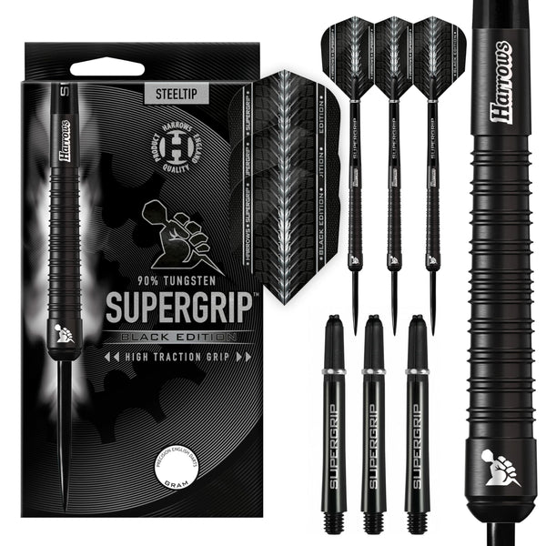 Harrows SUPERGRIP BLACK EDITION 90% Tungsten Steel Tip Darts Set. Available in 21g, 22g, 23g, 24g, 25g, 26g, 28g & 30g - Includes Supergrip Shafts &