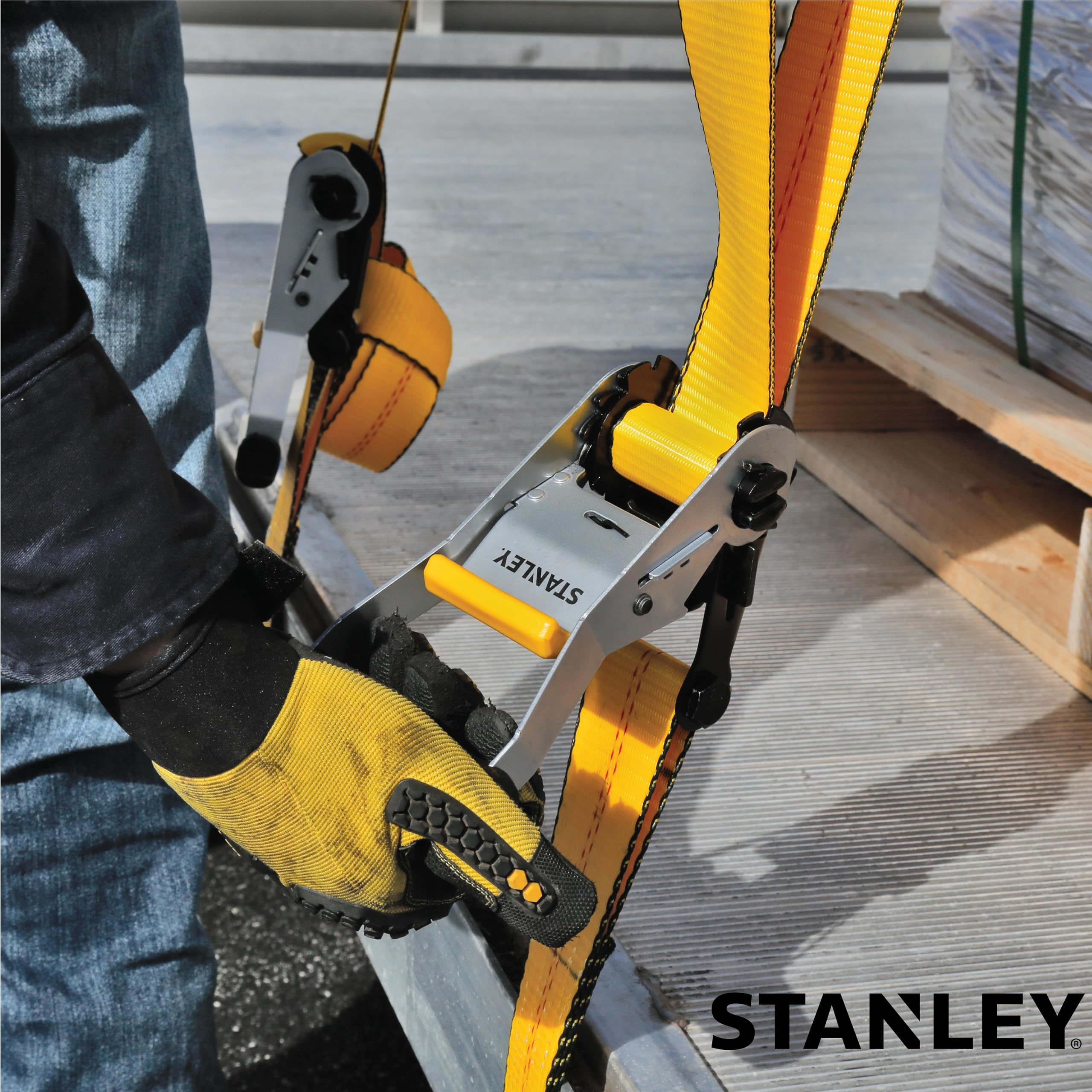 STANLEY S1007 Black/Yellow 1.5" x 16' Ratchet Tie Down Straps - 1,100 lb Safe Working Load / 3,300 lb Break Strength, 2 Pack