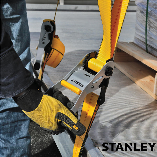 STANLEY S1007 Black/Yellow 1.5" x 16' Ratchet Tie Down Straps - 1,100 lb Safe Working Load / 3,300 lb Break Strength, 2 Pack