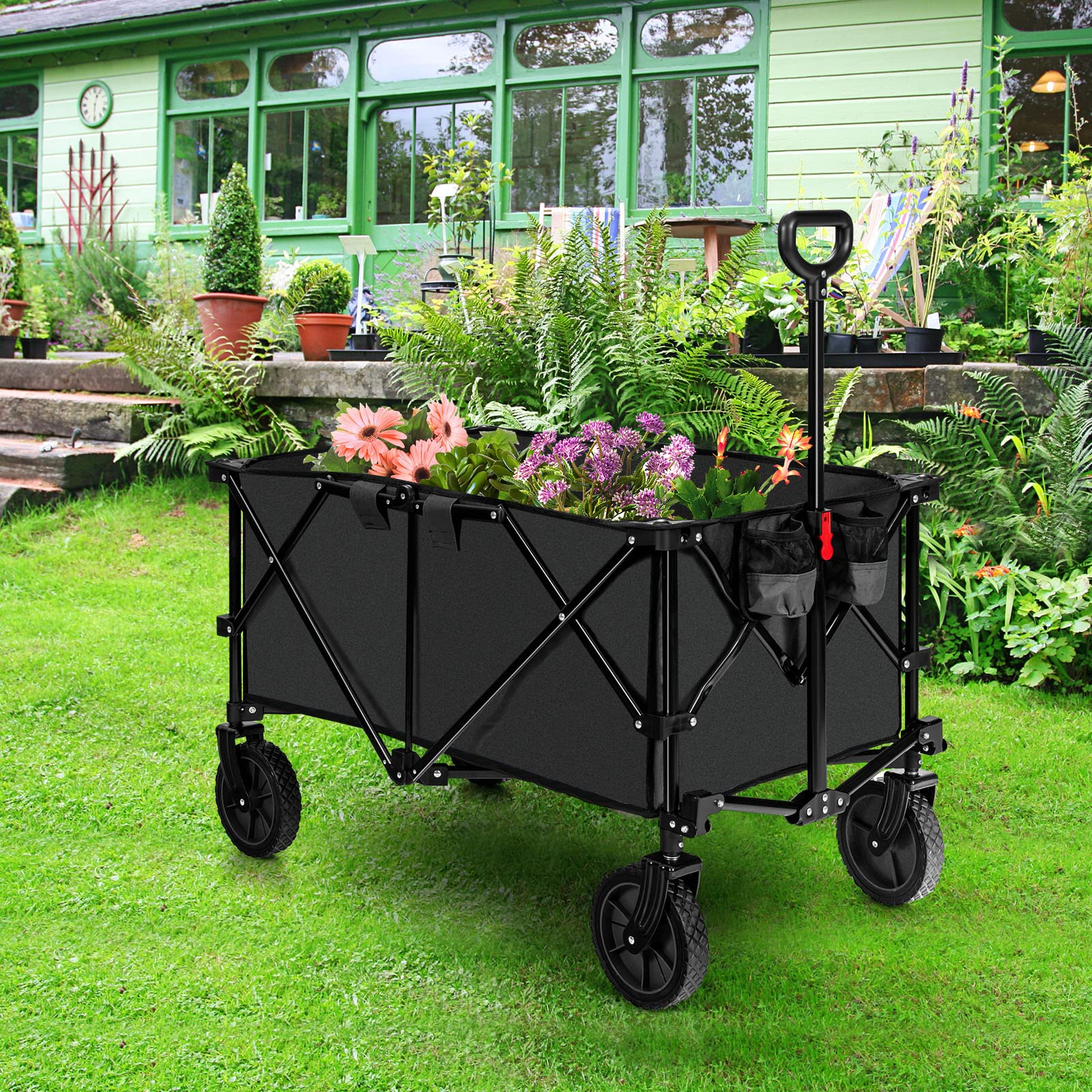 COSTWAY Folding Camping Wagon, Collapsible Beach Garden Trolley with Cup Holders and Adjustable Handle, Canvas Transport Utility Cart for Shopping Gardening Sporting Events (Navy Blue)