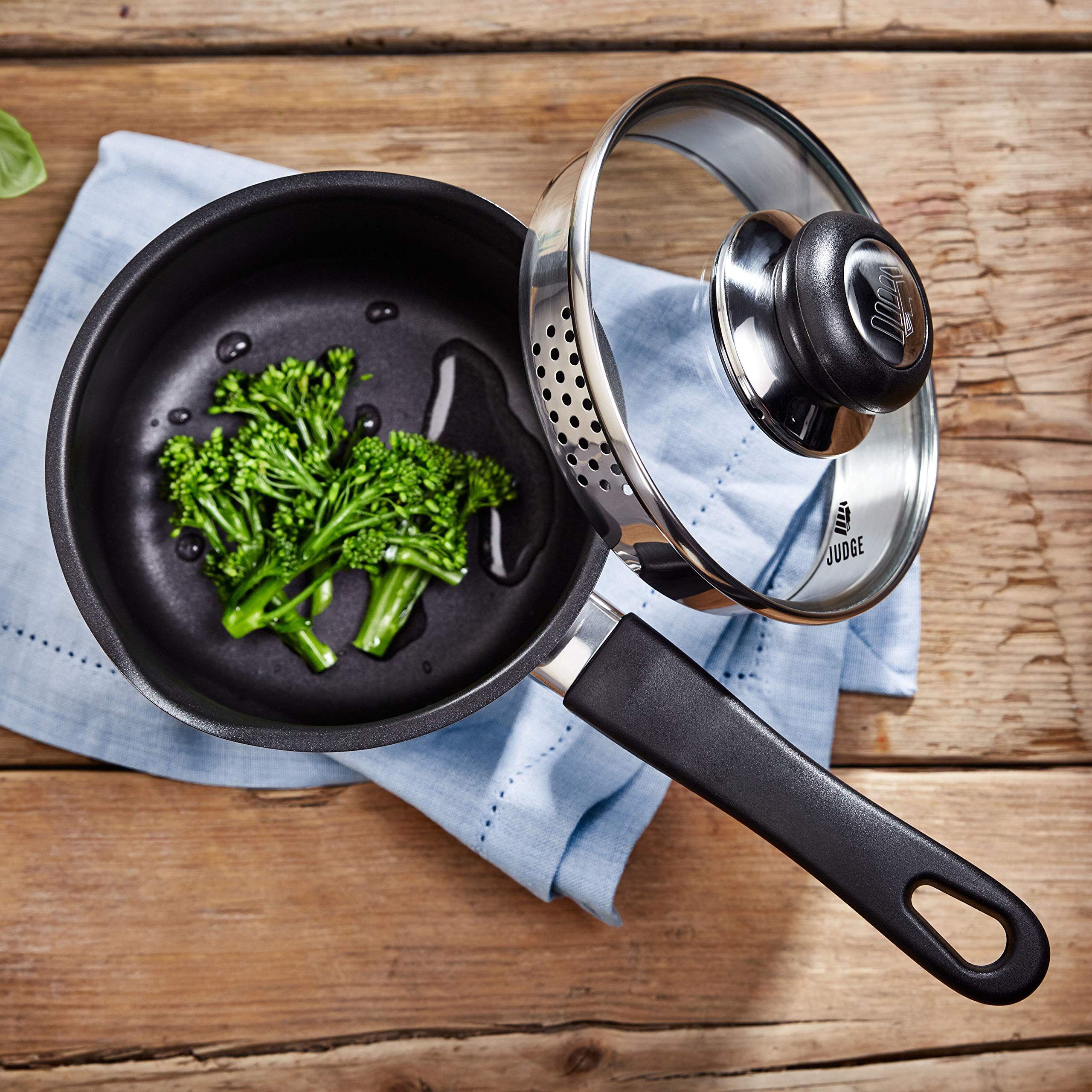 Judge Vista Stainless Steel Non-Stick Large Saucepan with Pouring Lip 18cm 2.1L Shatterproof Glass Strain & Pour Lid, Induction Ready, Oven Safe, 25