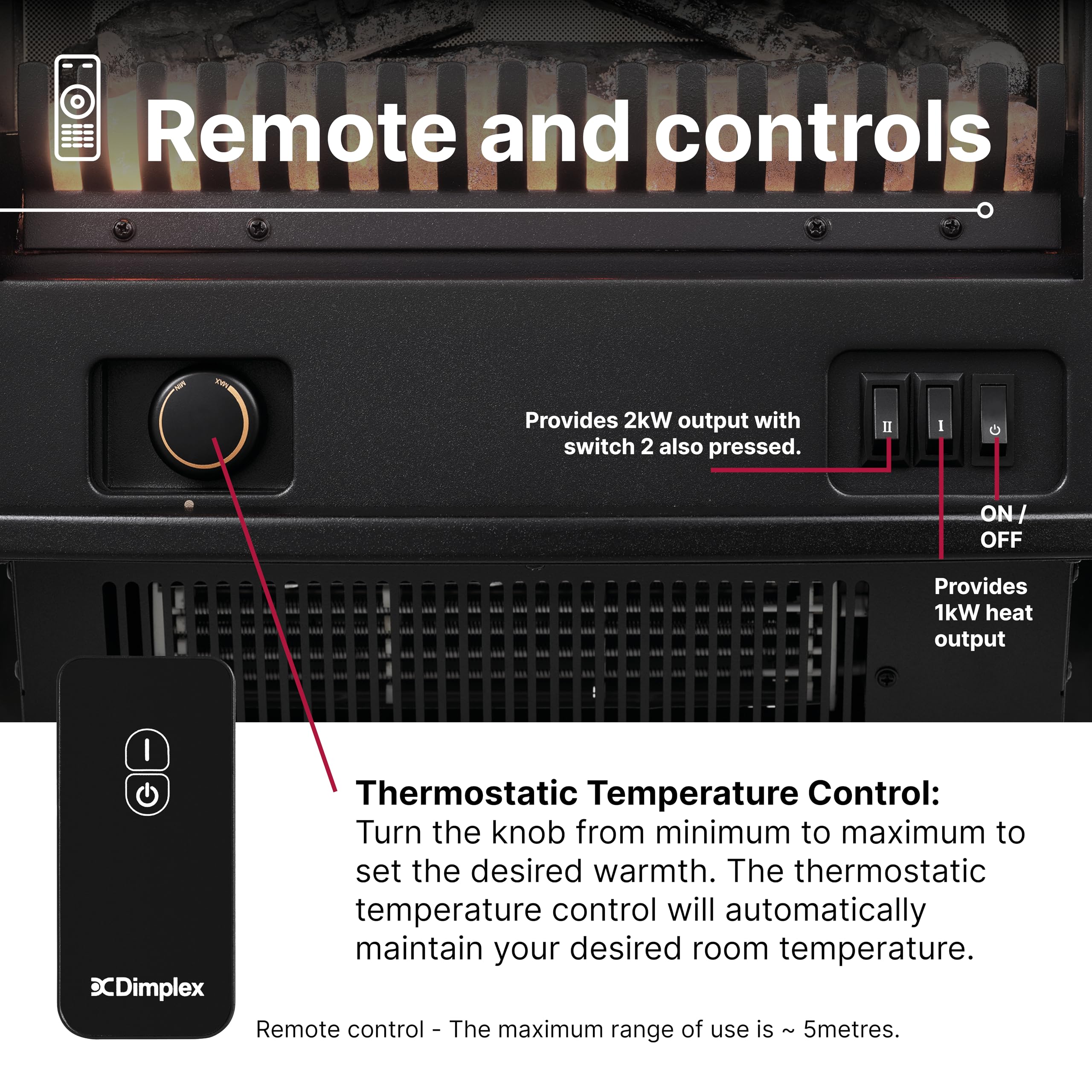 Dimplex Tango Optiflame Electric Stove, Black Freestanding Fire with Coal Fuel Bed, LED Flame Effect, Thermostat, 2kW Fan Heater, A Choice Of 1000 or 2000 Watt Heat Settings and Remote Control