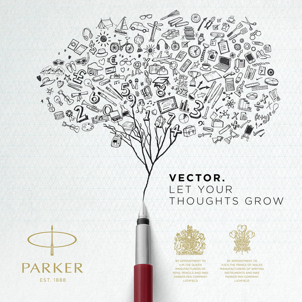 Parker Vector Fountain Pen | Black with Chrome Trim | Medium Nib | Blue Ink | Hangtab