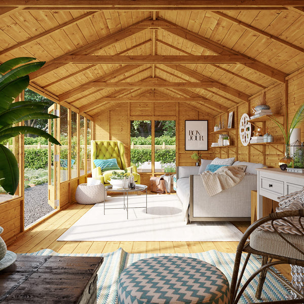 BillyOh Petra 12x10 Reverse Apex Summer House Shed, Log Cabin | Wooden Garden Room with Wide Double Doors, Tear Resistant Felt, Tongue and Groove Construction | Versatile Tiny Home or Garden Office