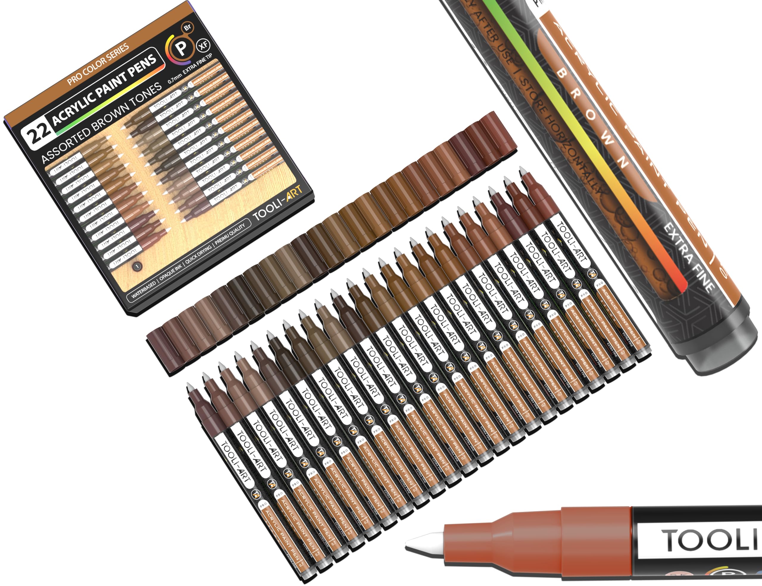 Acrylic Paint Pens 22 Brown Tones Assorted Pro Colour Series Markers Set 0.7mm Extra Fine Tip for Rock Painting, Glass, Mugs, Wood, Metal, Canvas,