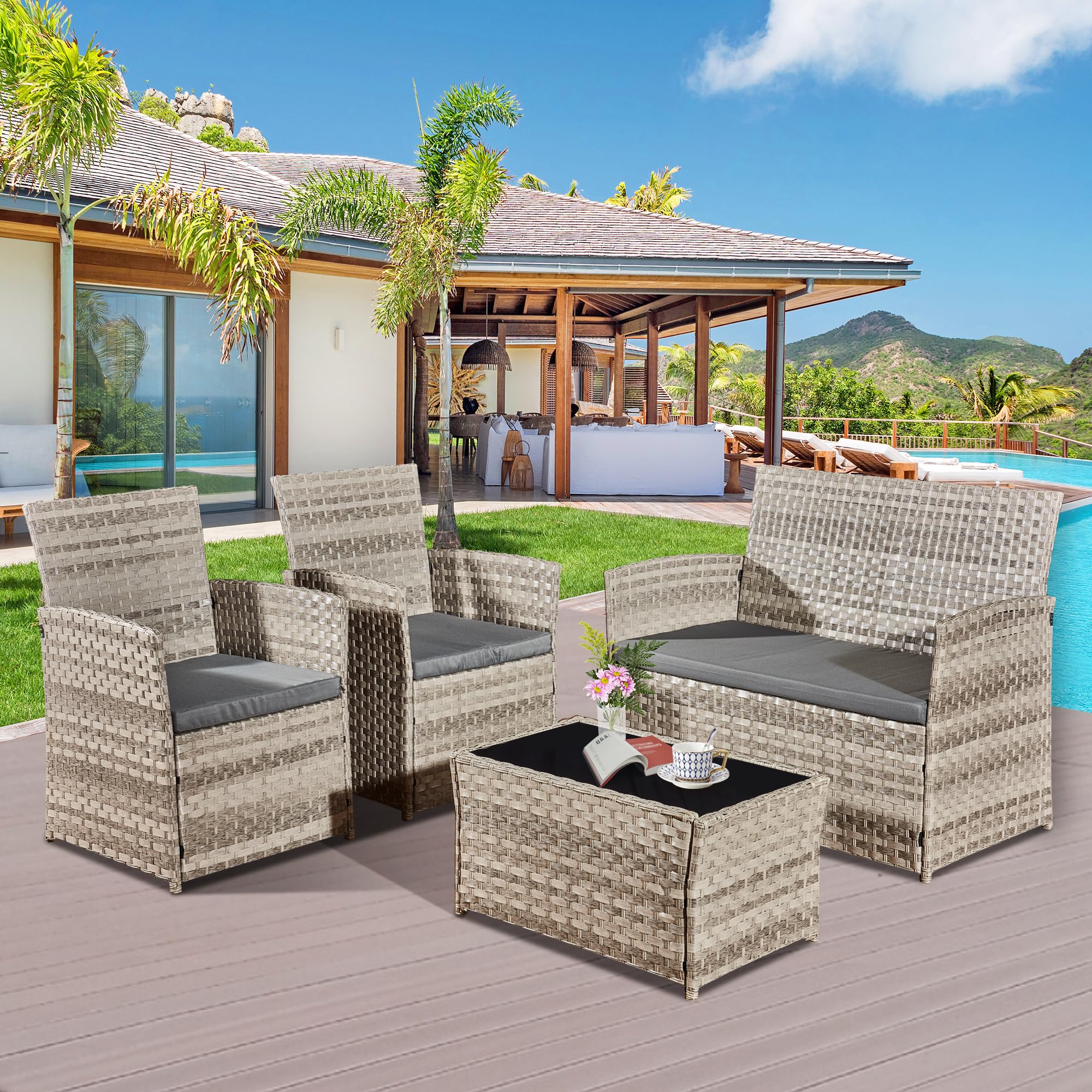 4 Piece Rattan Garden Furniture Sets, Patio Conservatory Set, Include Rattan loveset Sofa, Chair, Glass Coffee Table