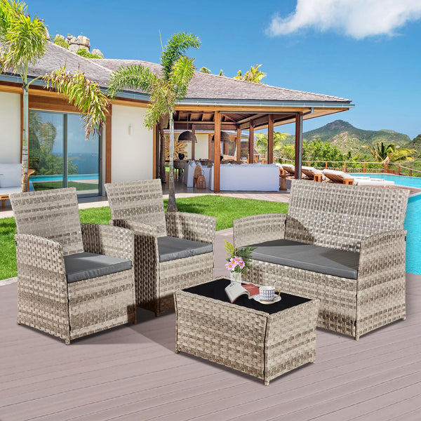 4 Piece Rattan Garden Furniture Sets, Patio Conservatory Set, Include Rattan loveset Sofa, Chair, Glass Coffee Table