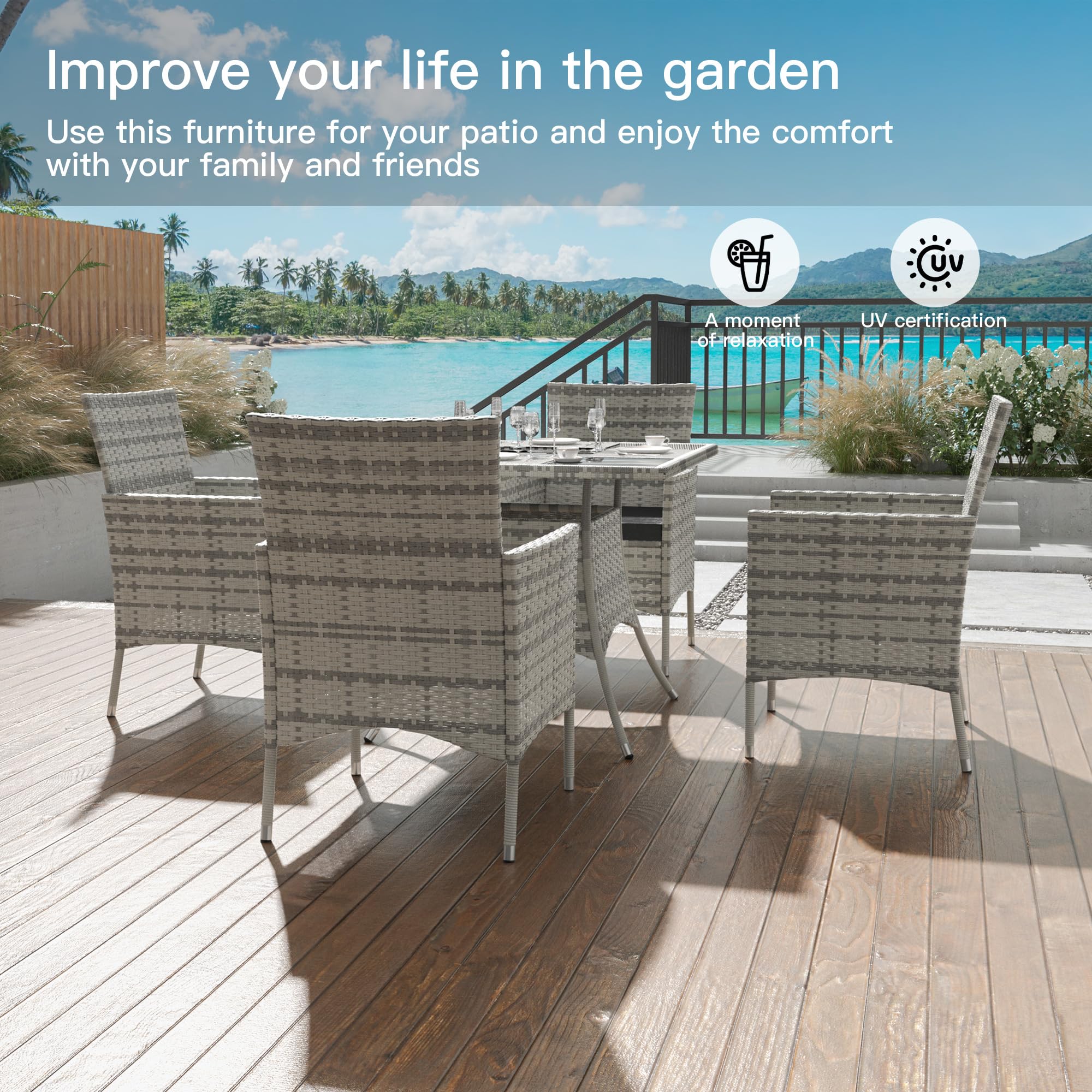 Trumbeak 4 Seater Rattan Dining Set with Cushions,Garden Furniture Set with Glass Top Table and 4 Armchairs,Outdoor Dining Table and Chairs Set for patio,Grey