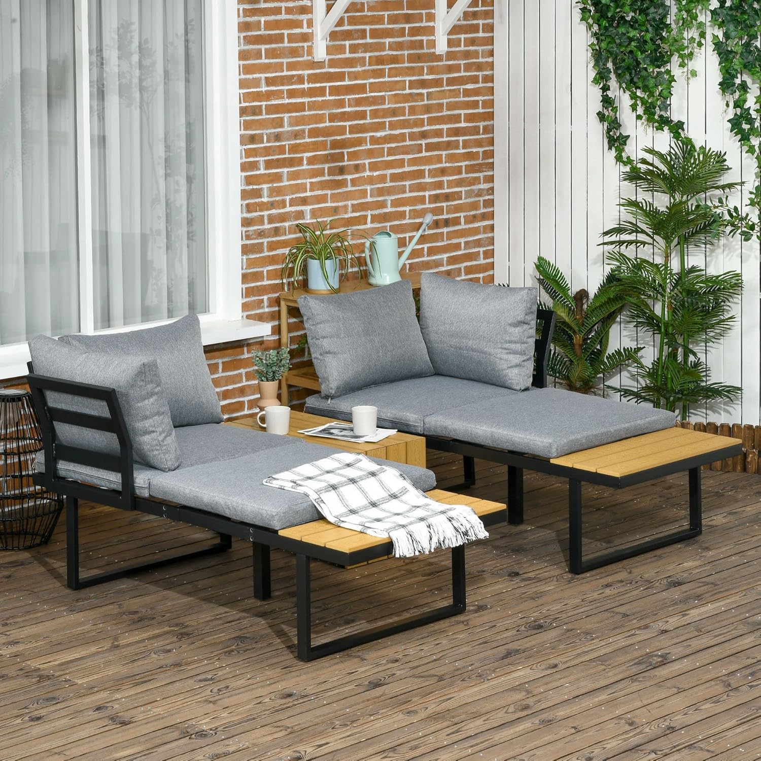 Outsunny 3 Pieces Patio Furniture Set, Outdoor Garden Sofa Conversation Set w/Padded Cushions, Wood Grain Plastic Top Table and Side Panel, Dark Grey