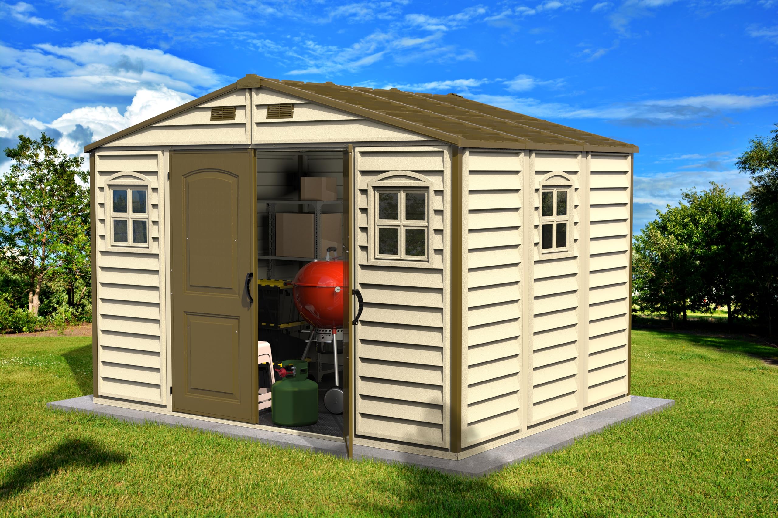 Duramax WoodSide 10 x 8 (8.02 m2) Plastic Garden Shed with 3 Fixed Windows & Metal Foundation Kit, Strong Metal Roof Structure Fire Retardant and Maintenance-Free Storage Shed - Ivory/Brown