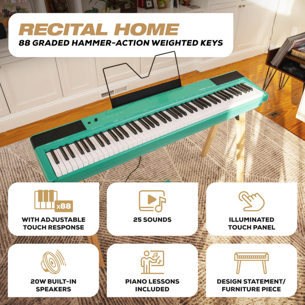 Alesis Recital Home Digital Piano with 88 Hammer Action Weighted Keys, Stand, Pedals and Lessons, Turquoise