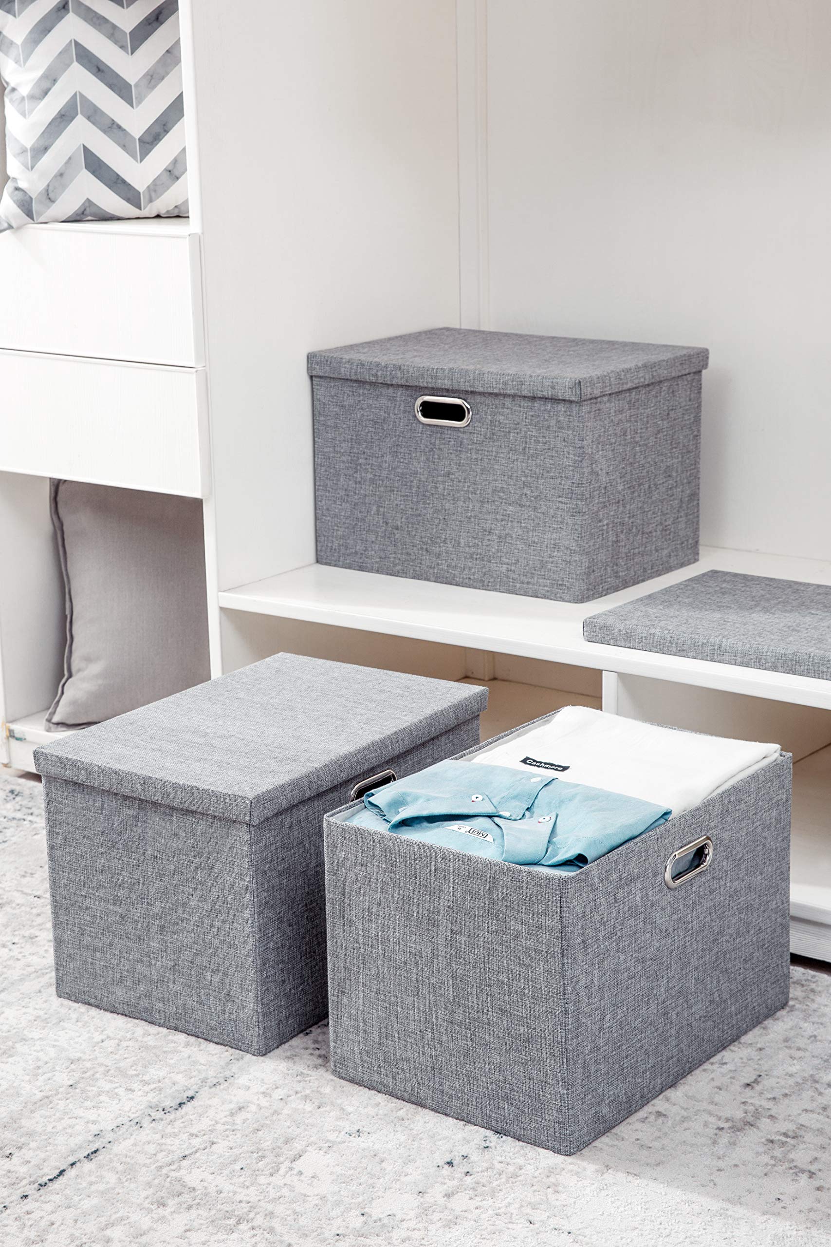 AlphaHome Set of 3 Storage Boxes with Lid, Collapsible Storage Basket for Closet and Shelf (Glaucous Grey, XLarge - 3 Pack)