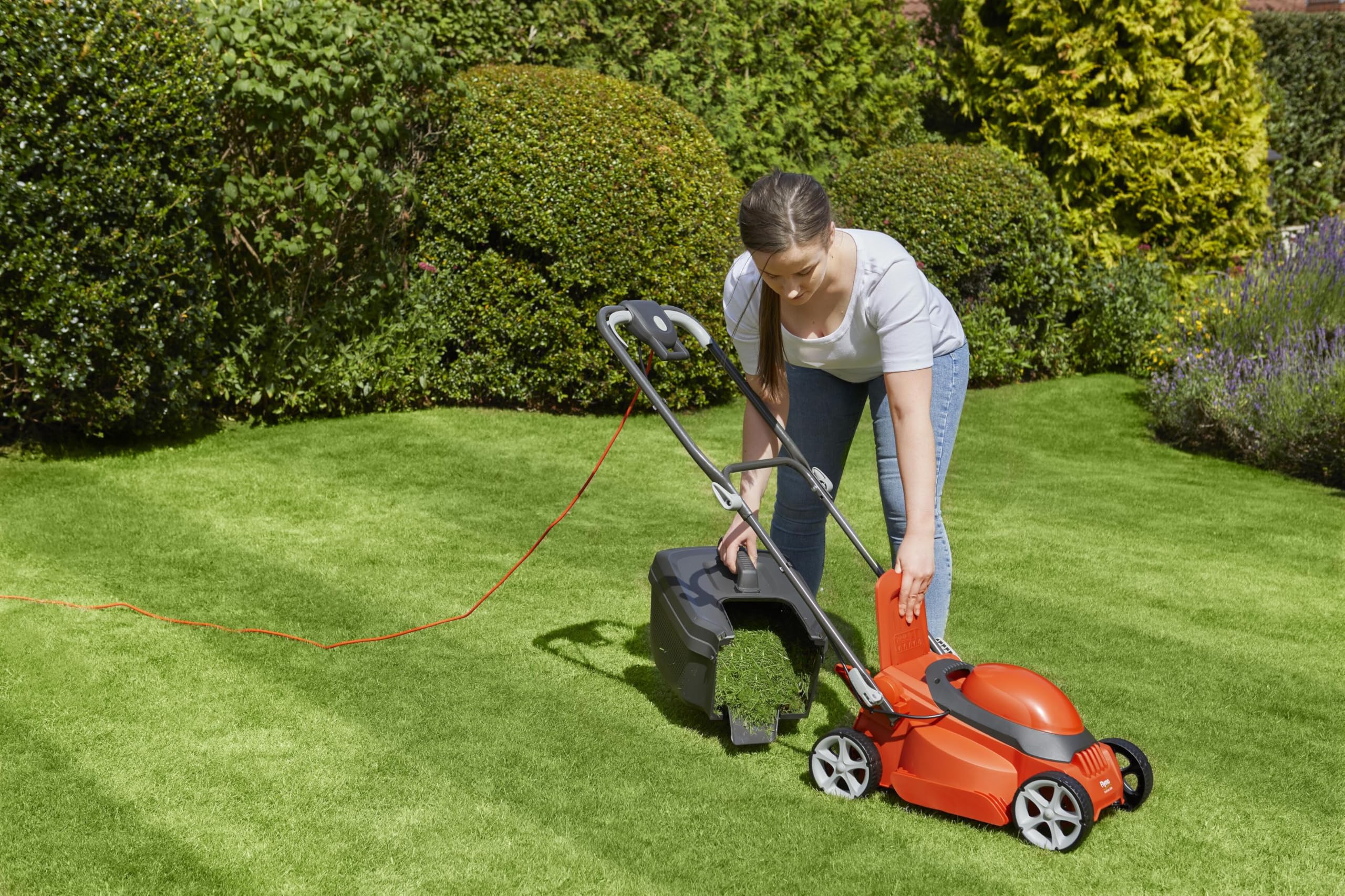 Flymo EasiStore 380R Electric Rotary Lawn Mower - 38 cm Cutting Width, 45 Litre Grass Box, Close Edge Cutting, Rear Roller, Central Height Adjust, Space Saving Storage Features