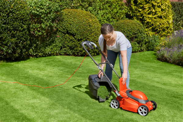 Flymo EasiStore 380R Electric Rotary Lawn Mower - 38 cm Cutting Width, 45 Litre Grass Box, Close Edge Cutting, Rear Roller, Central Height Adjust, Space Saving Storage Features