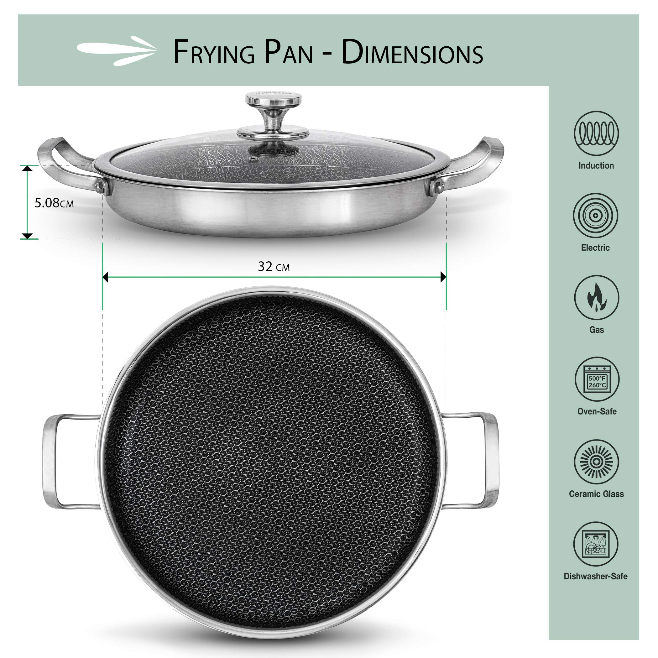 INTIGNIS Paella Pan or Frying Pan with Oven-Safe Lid - Sauting, Roasting, Broiling - 32cm Aluminium Stainless Steel Skillet - German GREBLON
