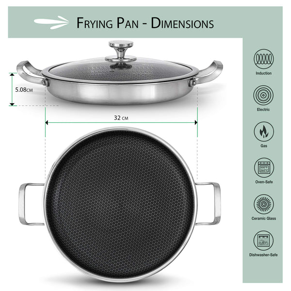 INTIGNIS Paella Pan or Frying Pan with Oven-Safe Lid - Sauting, Roasting, Broiling - 32cm Aluminium Stainless Steel Skillet - German GREBLON