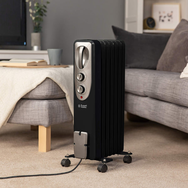 Russell Hobbs 1500W/1.5KW Oil Filled Radiator, 7 Fin Portable Electric Heater - White, Adjustable Thermostat with 3 Heat Settings, Safety Cut-off, 15 m sq Room Size, RHOFR5001, 2 Year Guarantee