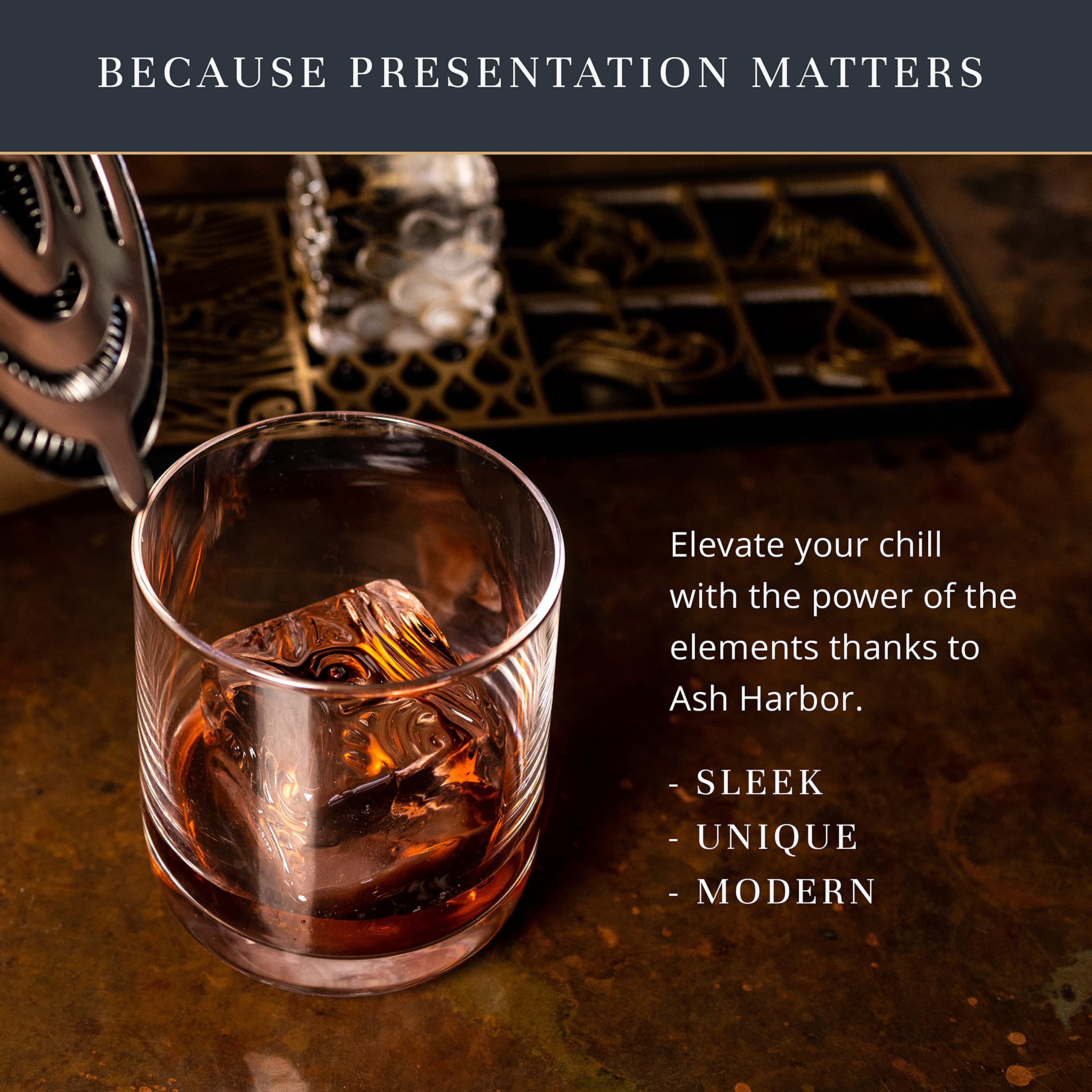 Ice Designer Tray  Craft Modern Ice Molds for Whiskey, Bourbon, & Cocktails in 5 Seconds  Whiskey Ice Mold Ice Cube Stamp  Bartender Accessories