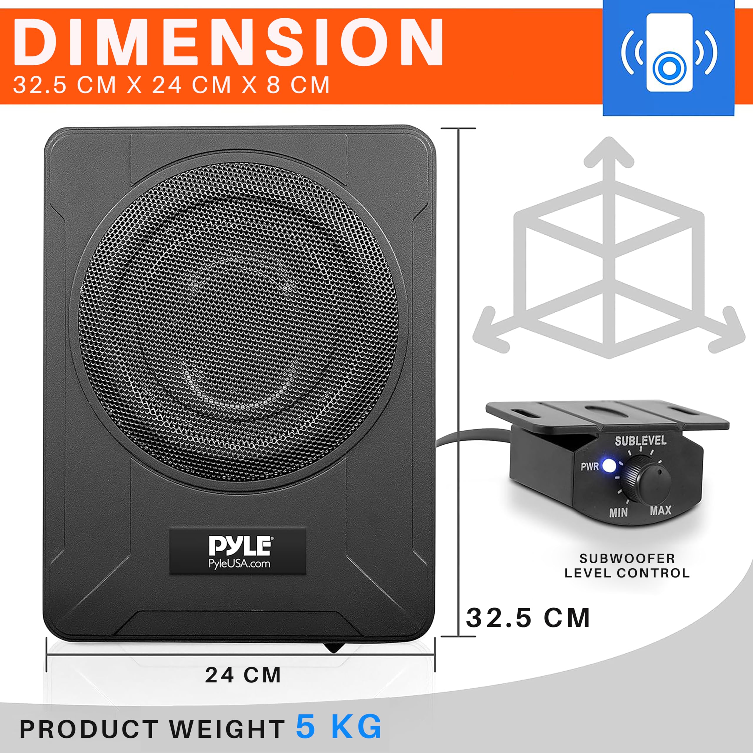 Pyle 8-Inch Low-Profile Amplified Subwoofer System - 600 Watt Compact Enclosed Active Marine Underseat Car Subwoofer with Built in Amp, Powered Car Subwoofer w/Low & High Level Inputs