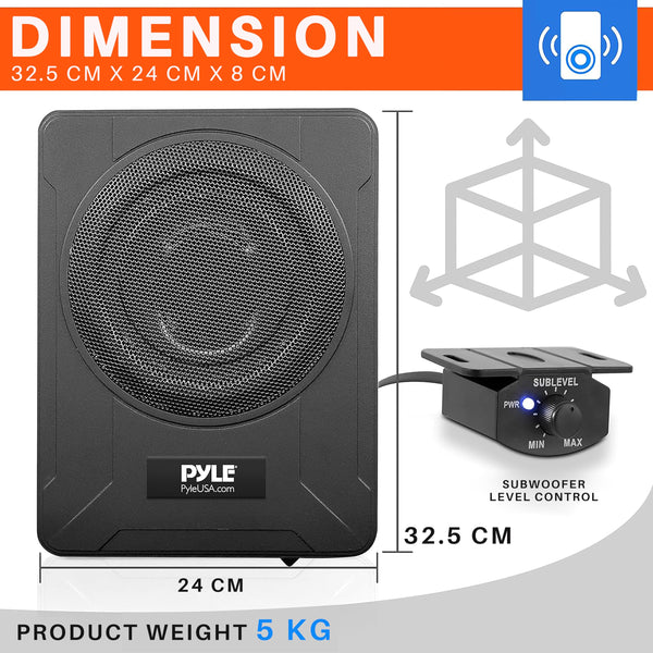 Pyle 8-Inch Low-Profile Amplified Subwoofer System - 600 Watt Compact Enclosed Active Marine Underseat Car Subwoofer with Built in Amp, Powered Car Subwoofer w/Low & High Level Inputs