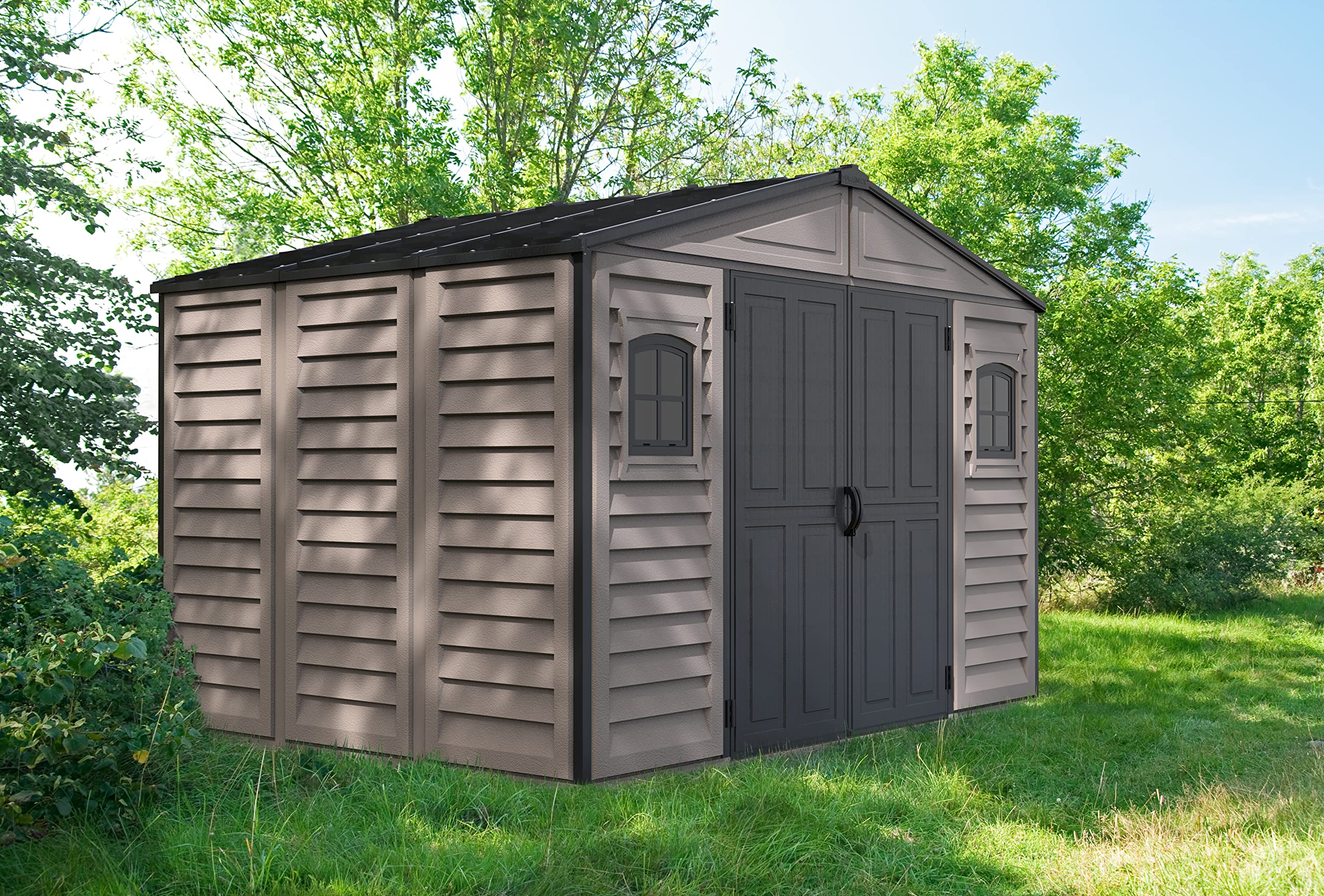 Duramax WoodSide 10 x 8 (8.02 m2) Plastic Garden Shed with 3 Fixed Windows & Metal Foundation Kit, Strong Metal Roof Structure Fire Retardant and Maintenance-Free Storage Shed - Ivory/Brown
