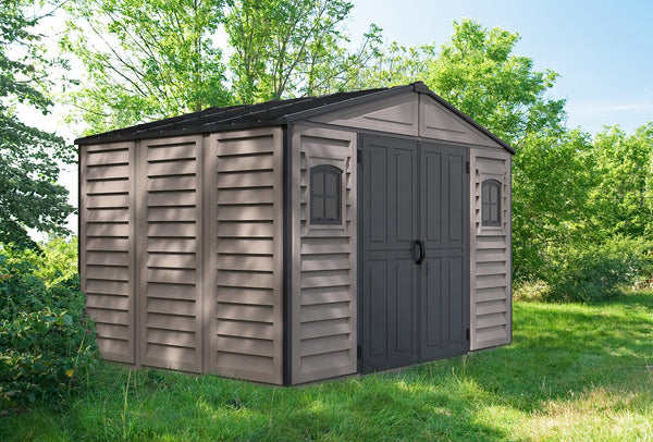Duramax WoodSide 10 x 8 (8.02 m2) Plastic Garden Shed with 3 Fixed Windows & Metal Foundation Kit, Strong Metal Roof Structure Fire Retardant and Maintenance-Free Storage Shed - Ivory/Brown