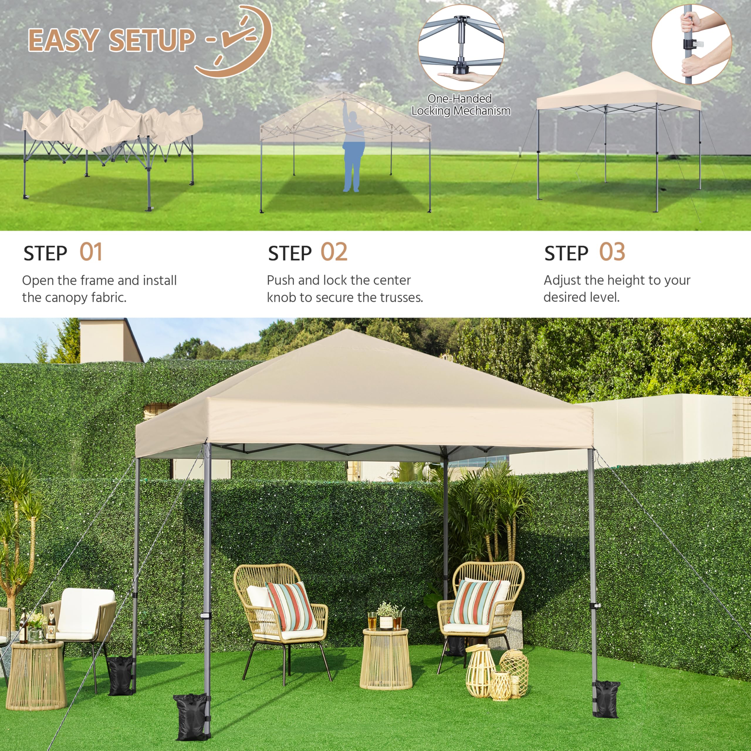 Yaheetech Pop Up Gazebo, 3x3m Easy One Person Setup Instant Shelter, Waterproof Garden Patio Canopy with 4 Sandbags, 4 Ropes & 8 Stakes, Wheeled Bag, Steel Frame, Adjustable Height - Beige