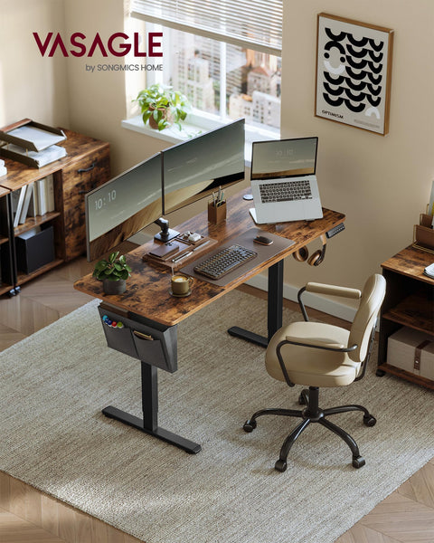 VASAGLE Electric Standing Desk, Height Adjustable Desk, 60 x 140 x (72-120) cm, 4 Memory Heights, Storage Pocket, for Home Office, Study, Rustic Brown and Ink Black LSD134K02
