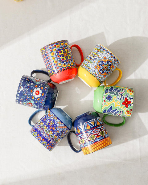 HENXFEN LEAD Porcelain Coffee Mugs, 410ml Coffee Mug Set with Handle, Porcelain Cups for Tea Coffee Milk Cappuccino, Colourful, 6 Pack - Bohemian