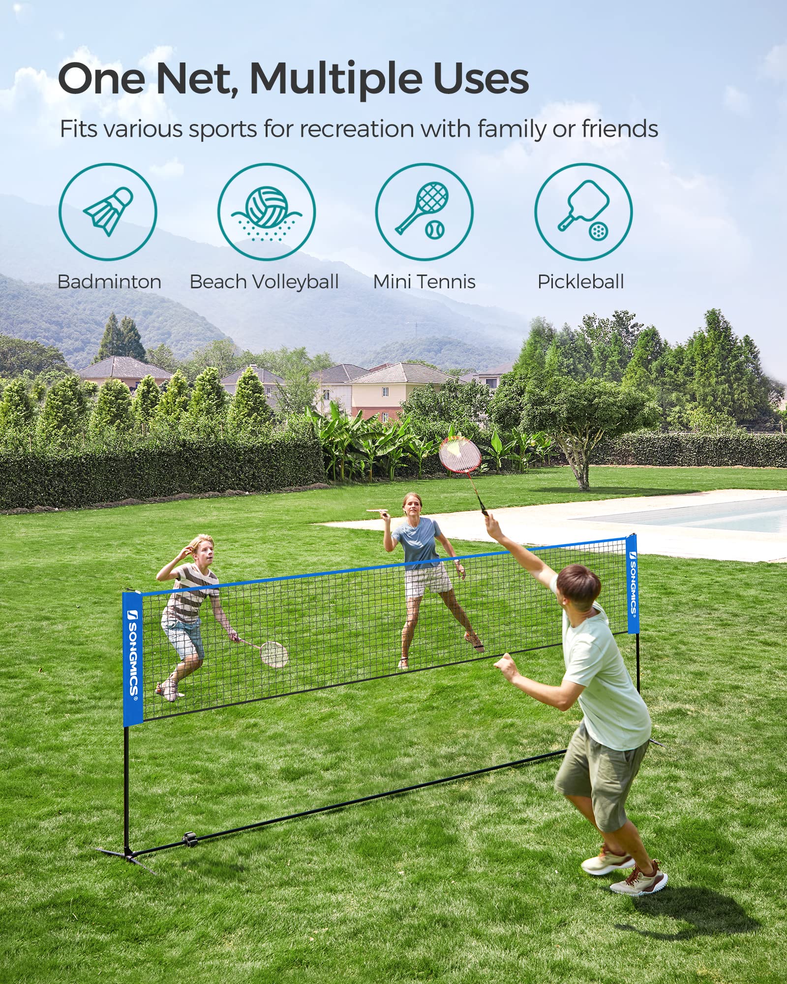 SONGMICS 3 m Badminton Net, Volleyball Net, Adjustable Poles Height, Portable Set for Tennis