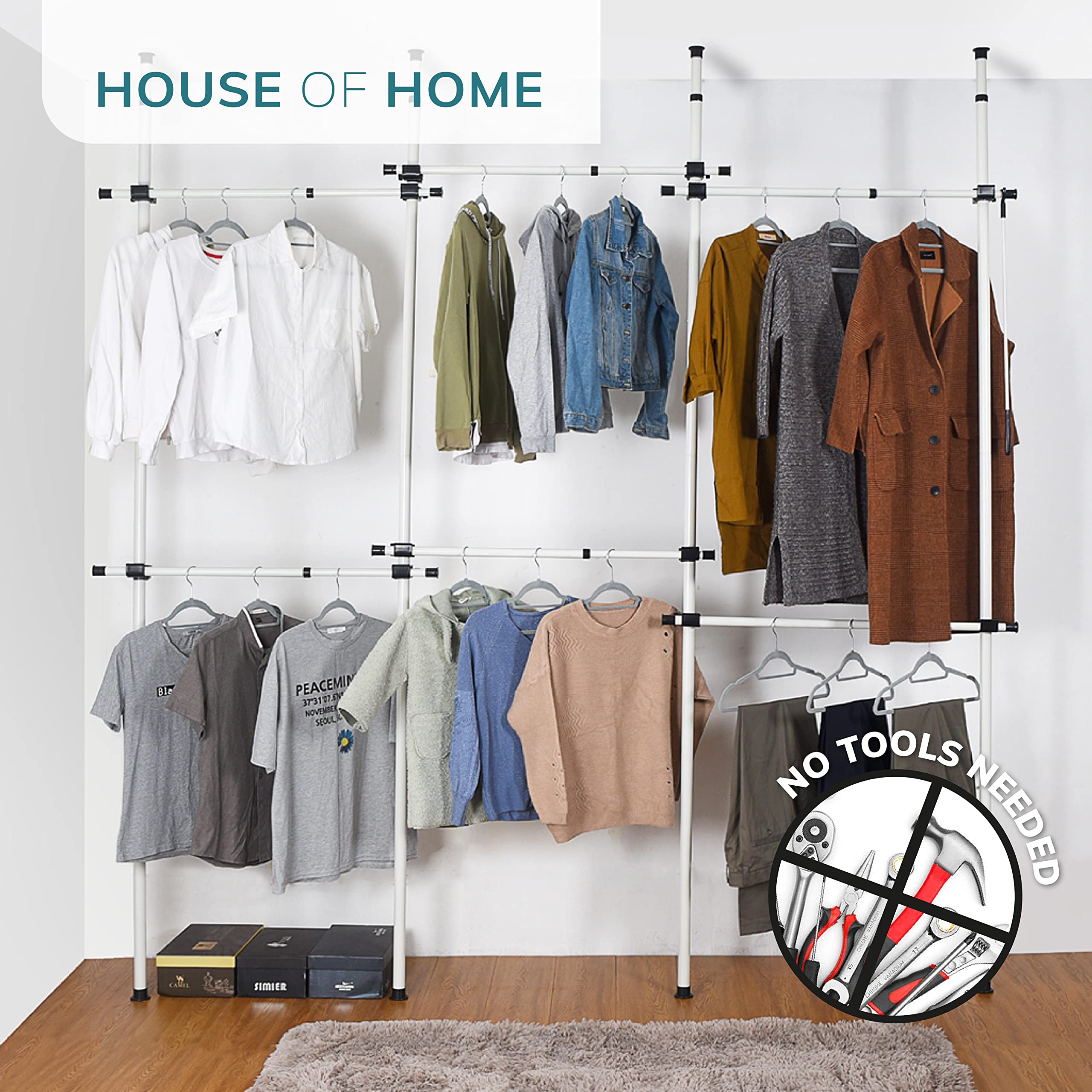 House of Home Heavy Duty Triple Telescopic Clothes Rail - Rail Wardrobe Replacement Adjustable Shelving Rack Clothes Storage & Organiser for Shirts,